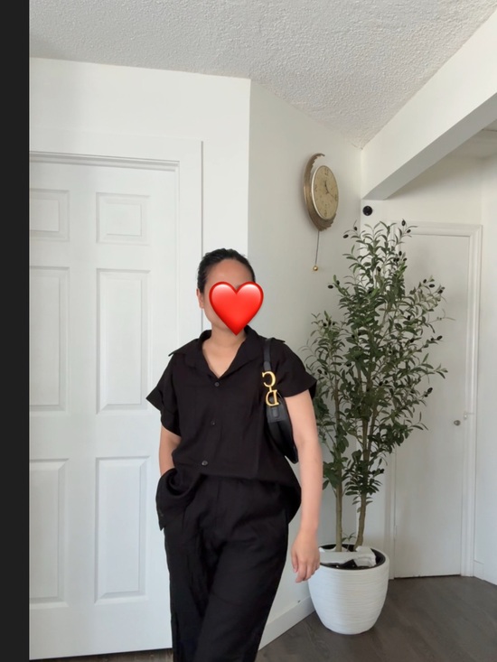 Pants - Coord Set- Black Short Sleeve Button Blouse & Pants Set